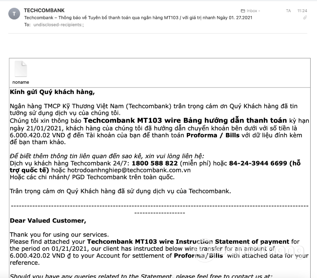 Nội dung email với trình bày song ngữ