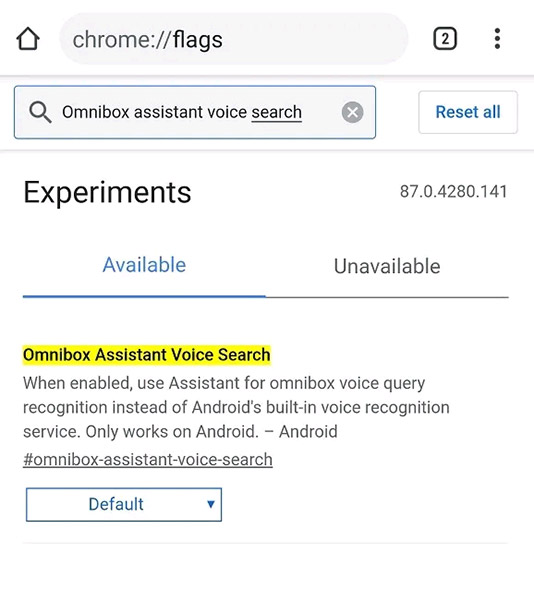 Nhập từ khóa “omnibox assistant voice search”