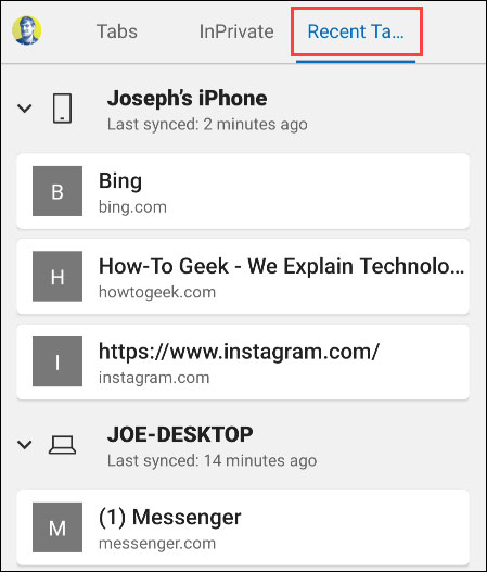 “Recent Tabs From Other Devices”