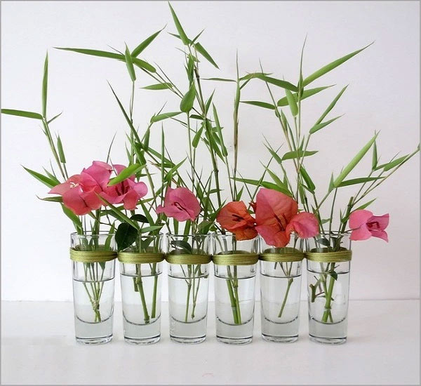 Hoa lan kết hợp hoa thiên điểu cắm trong bình thủy tinh đón Tết.