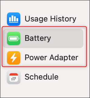 Các tab 'Battery' và 'Power Adapter'