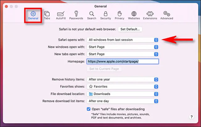 Chọn tùy chọn “All windows from last session”