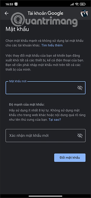 Giao diện đổi mật khẩu