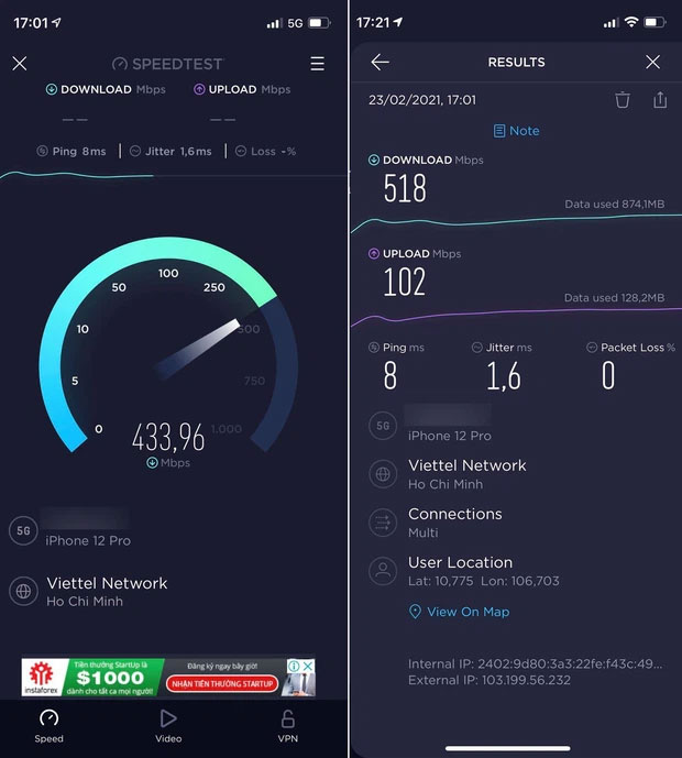 Tốc độ mạng 5G Viettel đo được tại quận 1, TP.HCM.