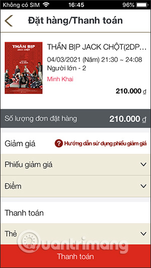 Cách đặt vé xem phim trực tuyến trên Lotte Cinema 12 Chọn cách thức thanh toán