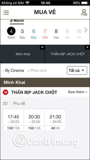 Cách đặt vé xem phim trực tuyến trên Lotte Cinema 8 Chọn suất chiếu