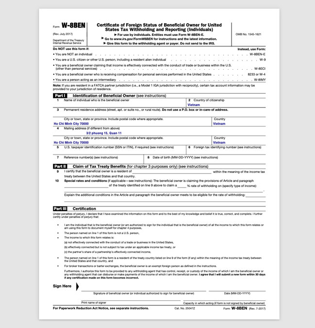 Form W-8BEN dành cho cá nhân.
