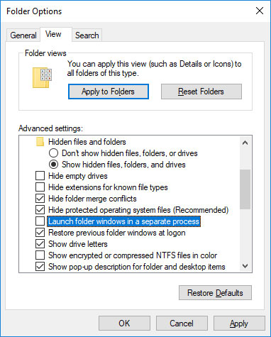 Bỏ chọn Launch folder windows in a separate process