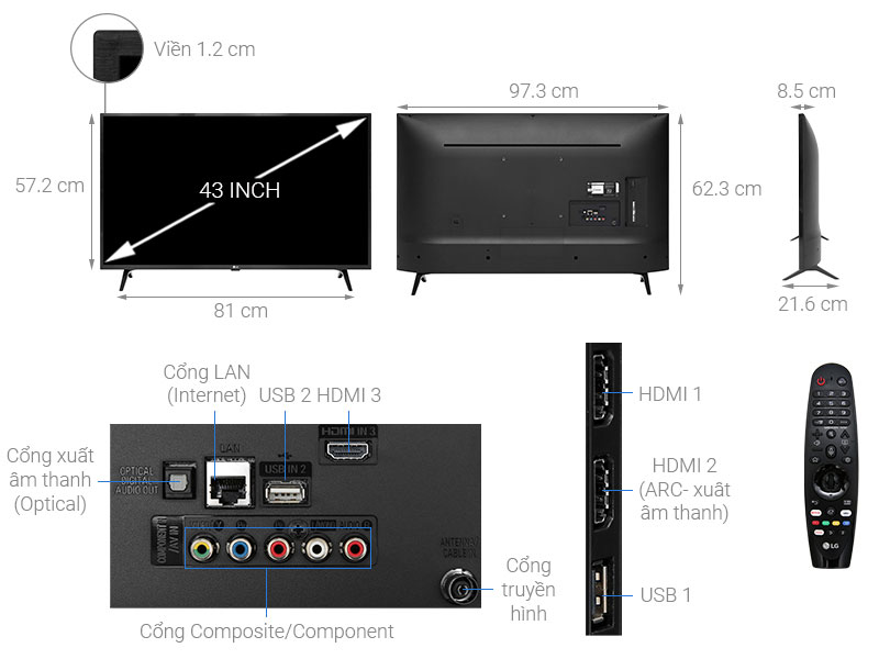 Kích thước Anroid tivi Sony 49 inch KD-49X8000E.