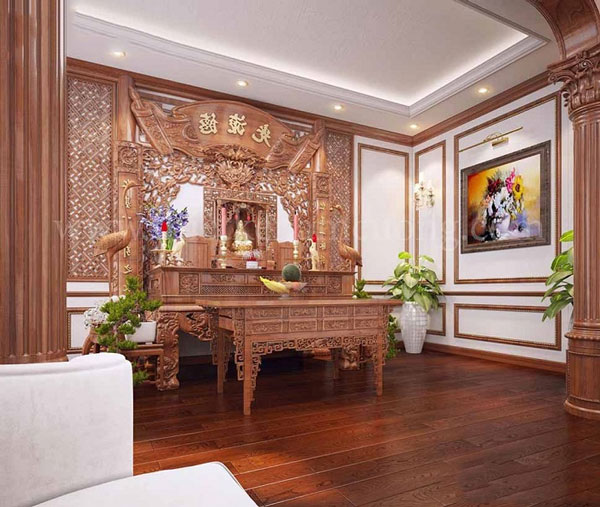 Mẫu phòng thờ gia tiên được thiết kế cầu kỳ với gỗ tự nhiên chạm khắc họa tiết rồng phượng múa lượn, hoành phi câu đối.