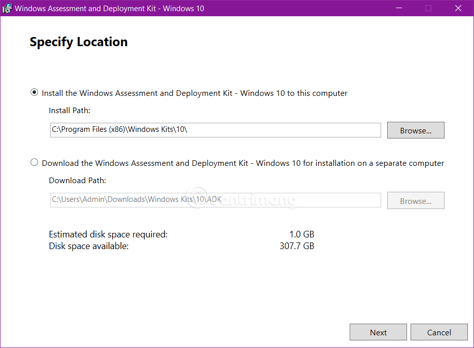 Chọn nơi bạn muốn cài đặt Windows Assessment and Deployment Kit