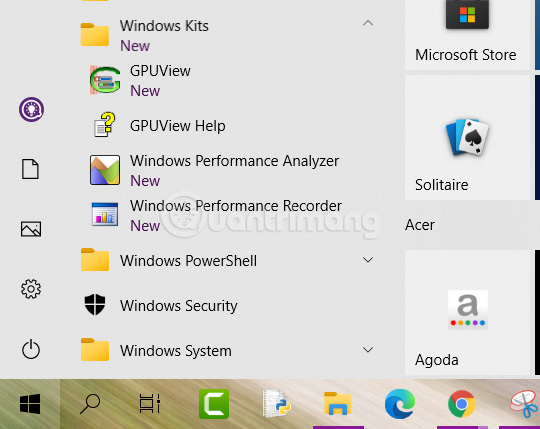 Windows Performance Recorder, GPUView và Windows Performance Analyzer được liệt kê trong menu Start