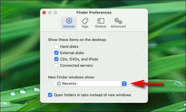 Nhấp vào menu có tiêu đề “New Finder windows show