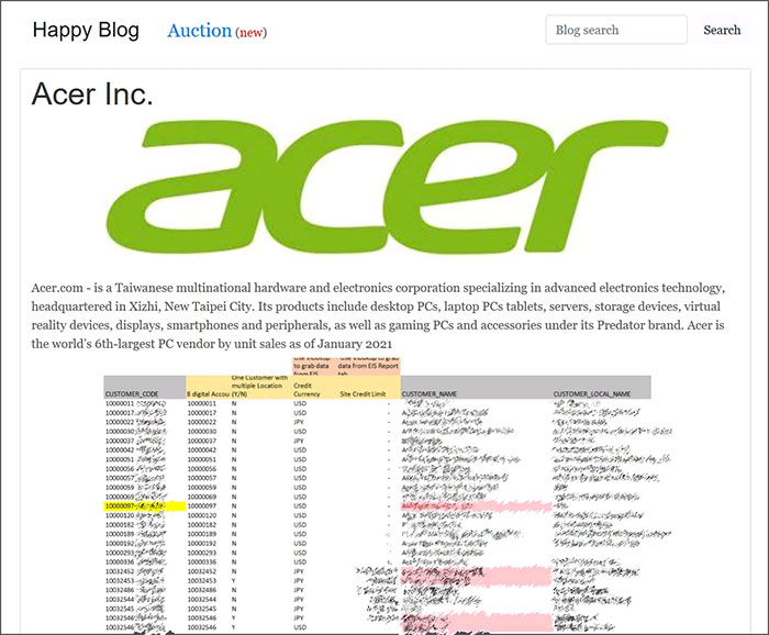 Dữ liệu của Acer bị công khai trên trang web của ransomware REvil