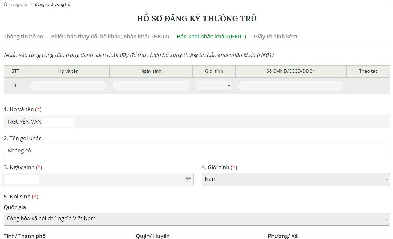 Bản khai nhân khẩu HK01
