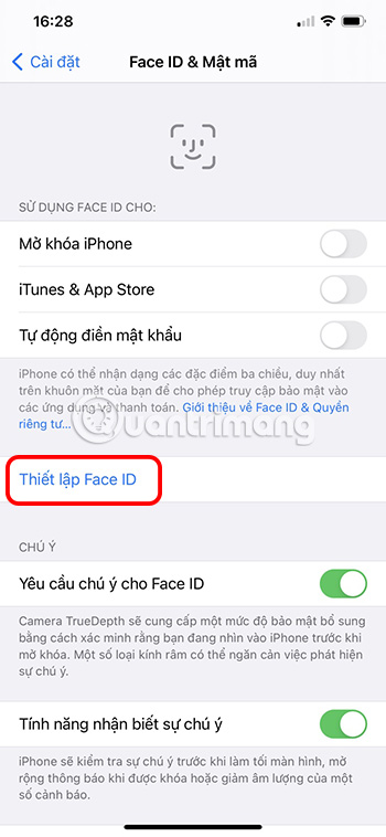 Chọn Thiết lập Face ID