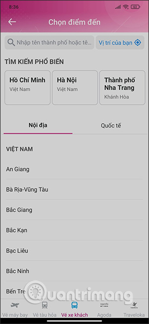 Chọn điểm đến, điểm đi