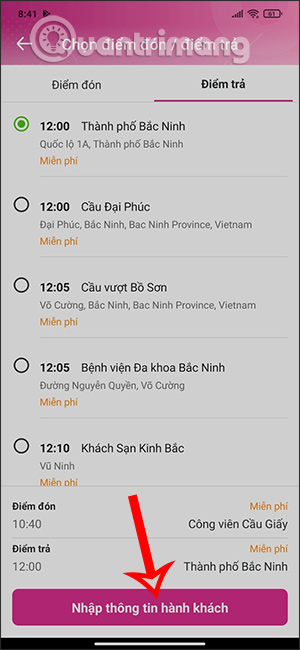 Chọn điểm đón
