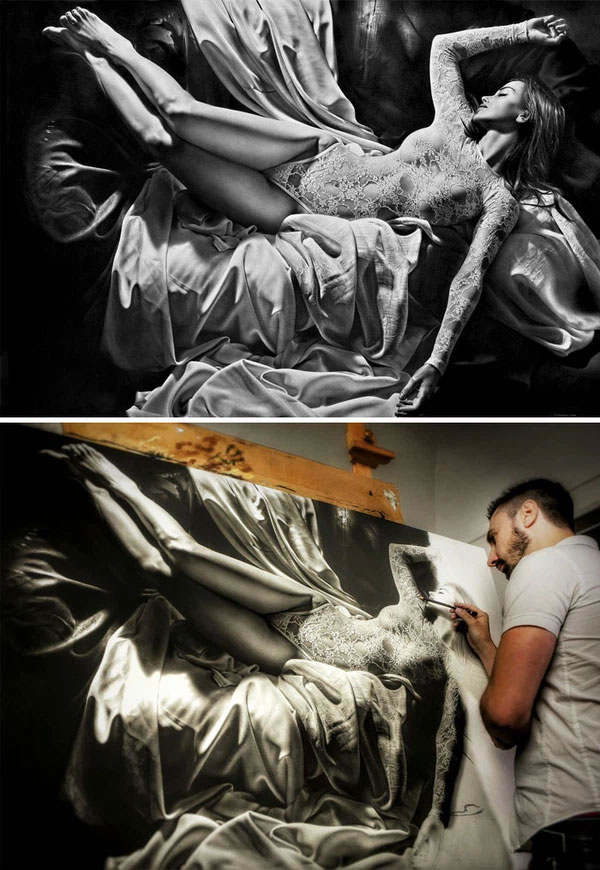 Cô gái đang ngủ này được Emanuele Dascanio vẽ bằng 100% than chì.