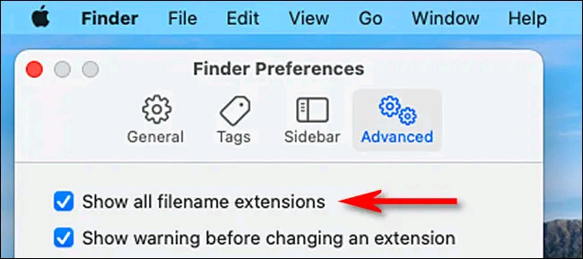 Tích chọn “Show all filename extensions”