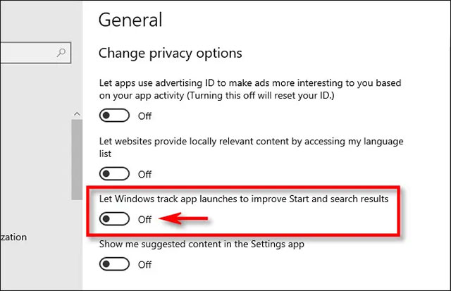 Tắt “Let Windows track app launches to improve Start and search results”
