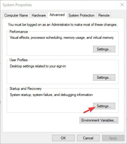 Nhấn nút Settings trong Startup and Recovery