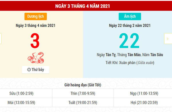 Xem lịch ngày 3/4/2021.