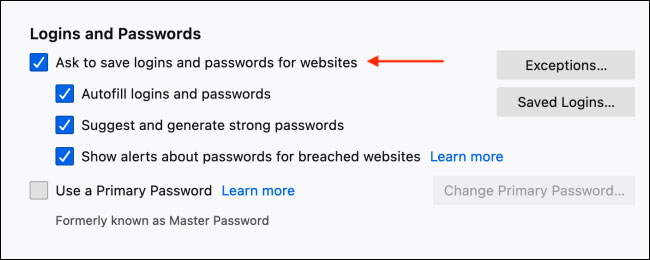 Tắt “Ask to Save Logins and Passwords for Websites”