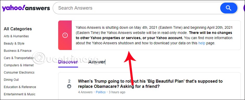Yahoo Answer thông báo dừng hoạt động vĩnh viễn trên trang web