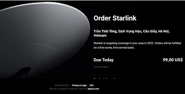 Thử đặt địa chỉ tại Trần Thái Tông, Cầu Giấy (Hà Nội), Starlink thông báo đặt mục tiêu phủ sóng tại đây vào năm 2022.