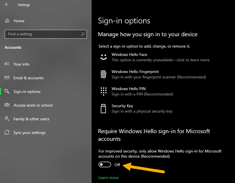 Tắt tùy chọn “Require Windows Hello sign-in for Microsoft accounts”
