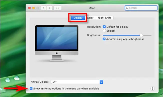 Tích vào tùy chọn “Show mirroring options in the menu bar when available”.