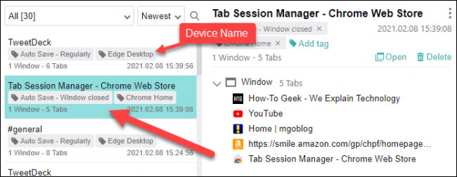 Thông tin về các tab đã đồng bộ