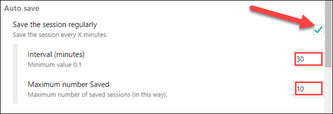 Tích vào "Save the Session Regularly"