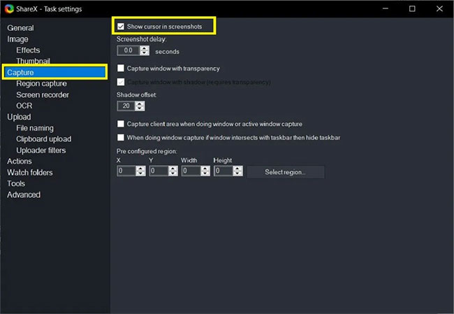 Bật tùy chọn “Show cursor in screenshots”