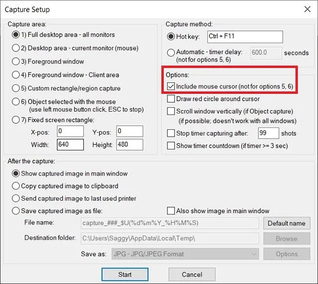 Chọn tùy chọn “Include mouse cursor”