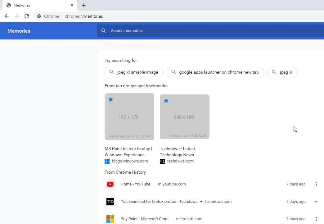Các nhóm tab, dấu trang và lịch sử sẽ đều xuất hiện trên trang web Memories.
