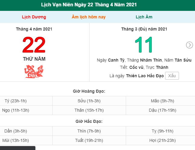 Xem lịch ngày 22/4/2021.