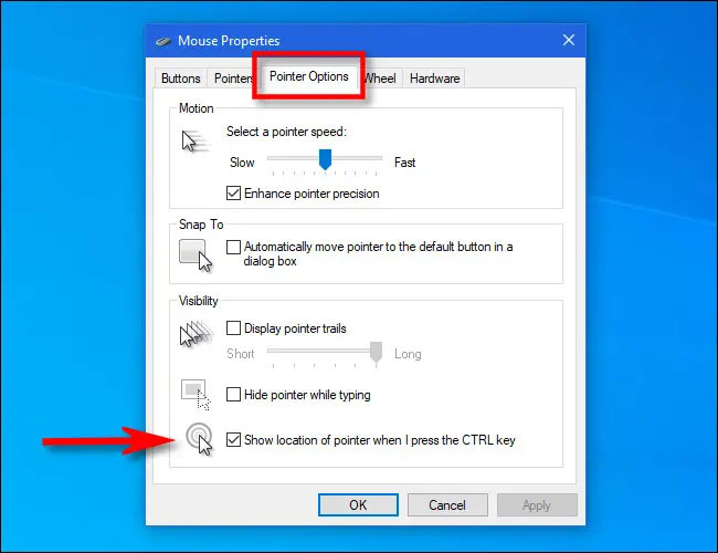 Kích hoạt tùy chọn “Show location of pointer when I press the CTRL key”