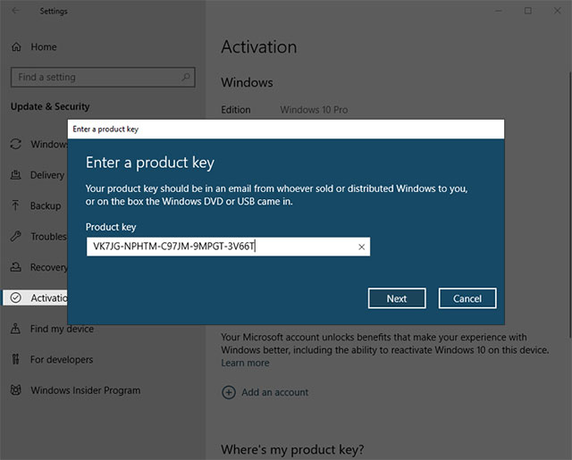 Product key Windows 10