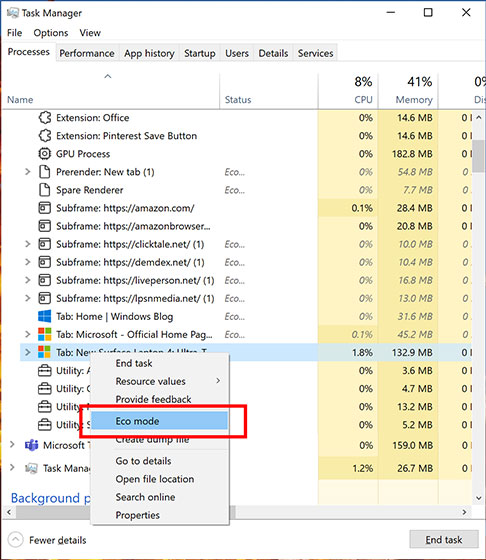 Chế độ Eco của Task Manager