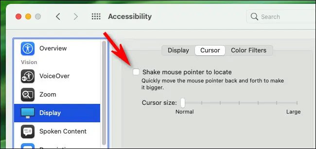 Bỏ tích tùy chọn “Shake mouse pointer to locate”