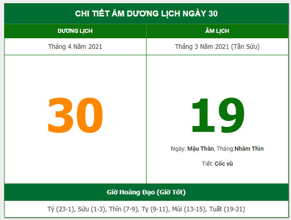 Xem lịch ngày 30/4/2021.