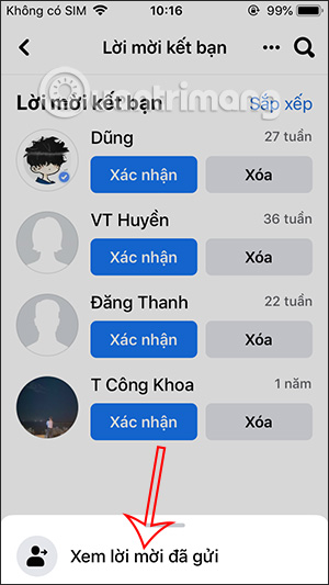 Xem lời mời Facebook đã gửi