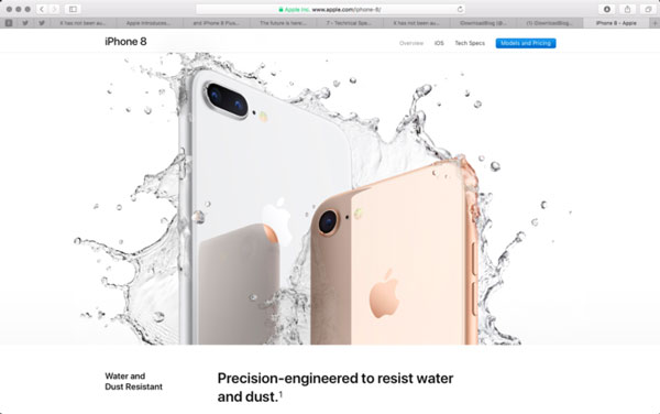 Tính năng chống nước của iPhone 8 trên website của Apple.