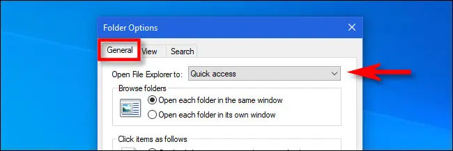 Bấm vào menu thả xuống bên cạnh tùy chọn “Open File Explorer to”