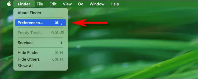 Nhấp vào “Finder” và chọn “Preferences”