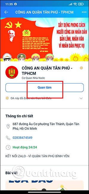 Nhấn nút Quan trâm