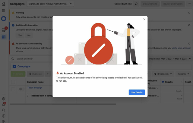 Tài khoản quảng cáo của Signal bị Facebook vô hiệu hóa.