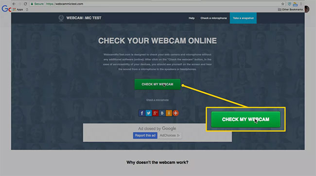 Nhấp vào nút Check My Webcam trên trang web